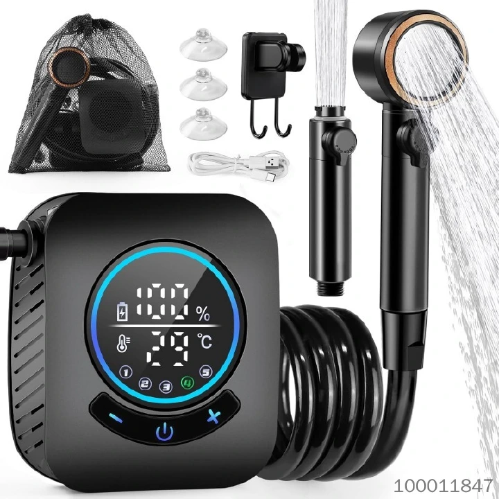 【8000mA】Portable Camping Shower, 8000mAh Rechargeable Outdoor Shower Pump Kit with Intelligent Display, 4 Spray Modes, IPX8 Waterproof for Travel, Hiking, Car Washing, Pet Bath