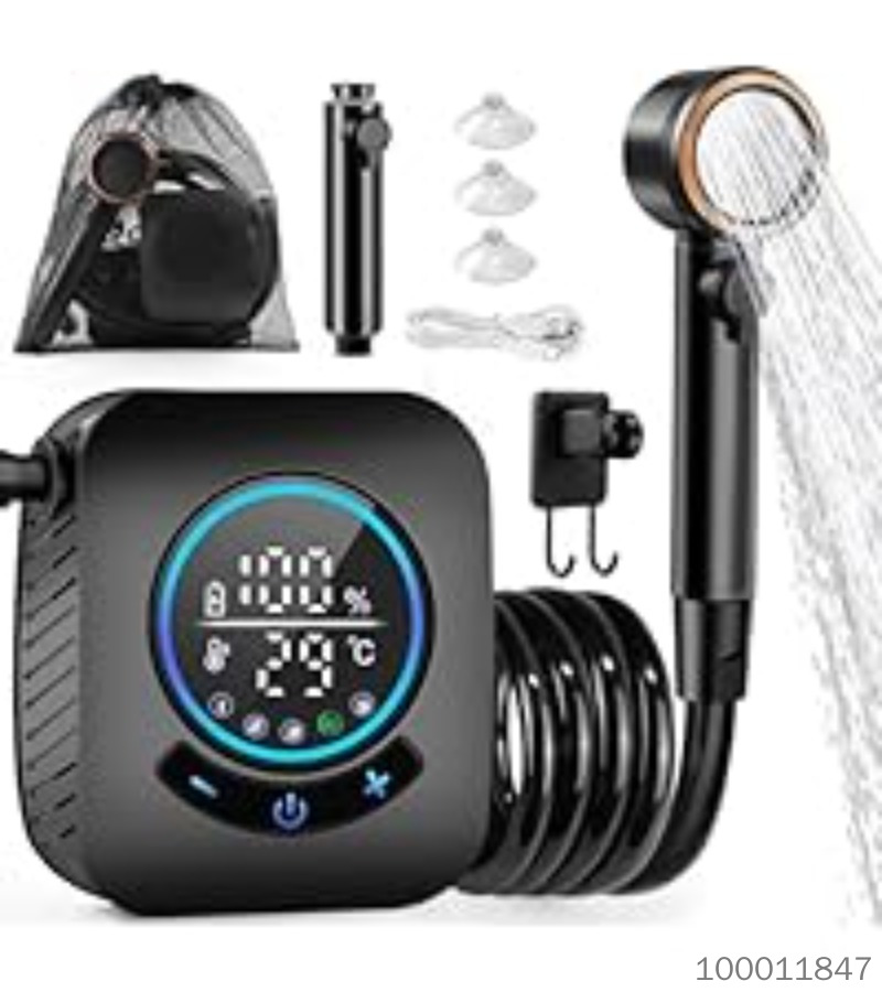 【8000mA】Portable Camping Shower, 8000mAh Rechargeable Outdoor Shower Pump Kit with Intelligent Display, 4 Spray Modes, IPX8 Waterproof for Travel, Hiking, Car Washing, Pet Bath