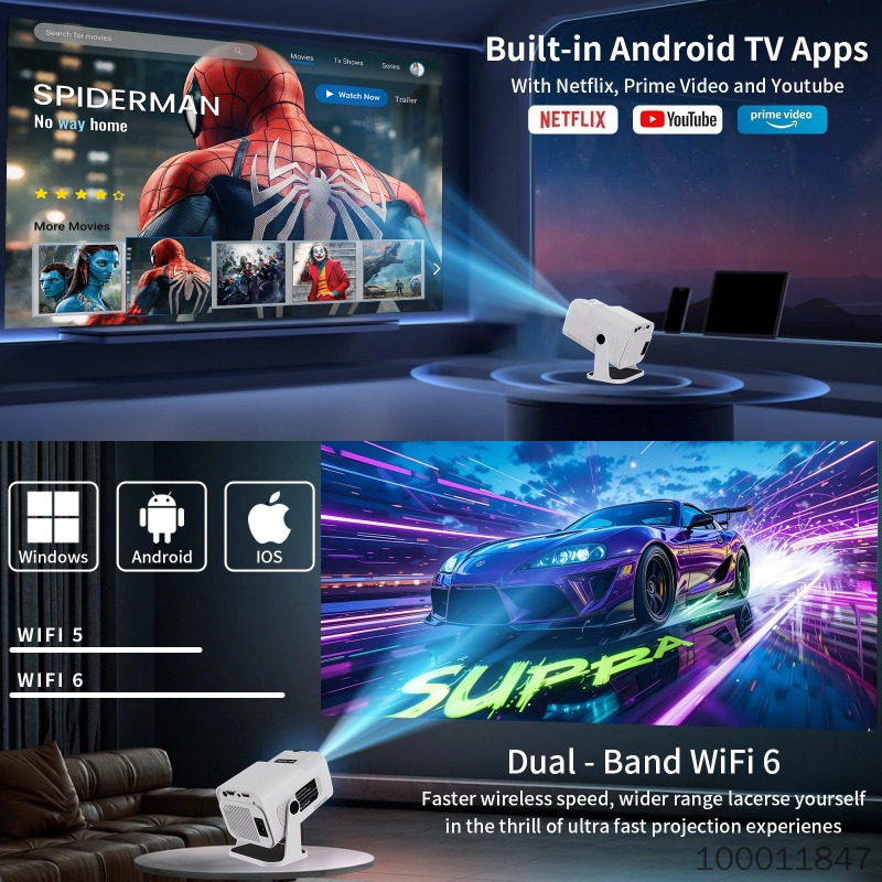 HY350 Pro intelligent streaming media projector 4K high-definition decoding 1080P native Android 12 WiFi 6 Bluetooth 5.2. Used for home theaters Teaching travel carry
