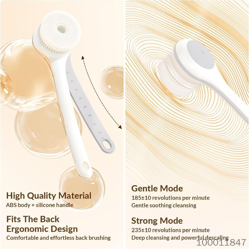 Back Scrubber, Electric Body Scrubber, Dry Brush, IPX7 Waterproof Body Brush Rechargeable USB Charging with Long Handle, Lotion Applicator for Back, Perfect Christmas Gift - Pearl White