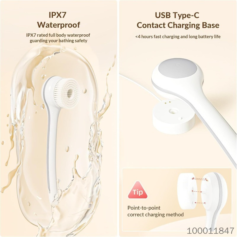 Back Scrubber, Electric Body Scrubber, Dry Brush, IPX7 Waterproof Body Brush Rechargeable USB Charging with Long Handle, Lotion Applicator for Back, Perfect Christmas Gift - Pearl White