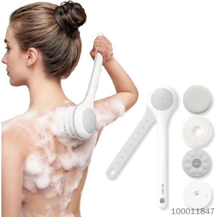 Back Scrubber, Electric Body Scrubber, Dry Brush, IPX7 Waterproof Body Brush Rechargeable USB Charging with Long Handle, Lotion Applicator for Back, Perfect Christmas Gift - Pearl White