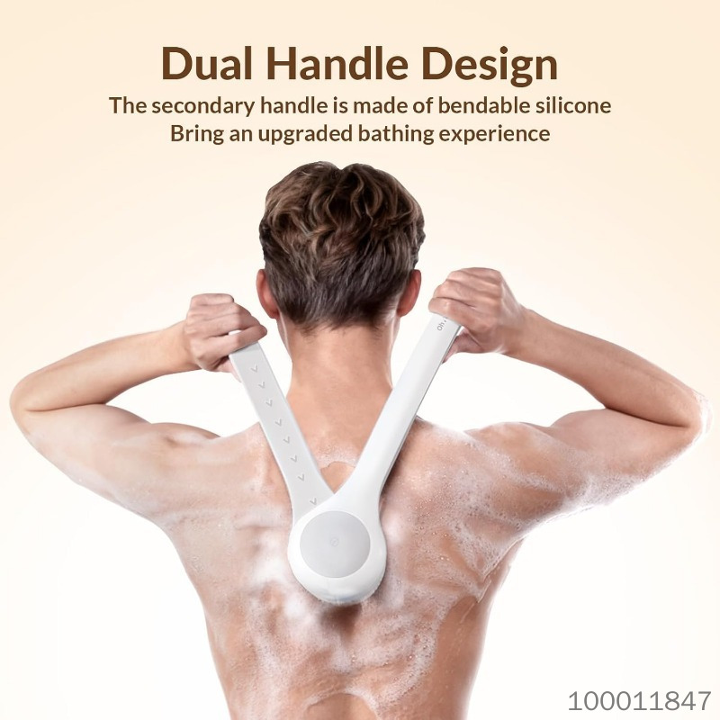 Back Scrubber, Electric Body Scrubber, Dry Brush, IPX7 Waterproof Body Brush Rechargeable USB Charging with Long Handle, Lotion Applicator for Back, Perfect Christmas Gift - Pearl White