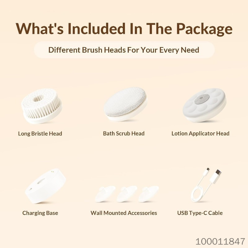 Back Scrubber, Electric Body Scrubber, Dry Brush, IPX7 Waterproof Body Brush Rechargeable USB Charging with Long Handle, Lotion Applicator for Back, Perfect Christmas Gift - Pearl White