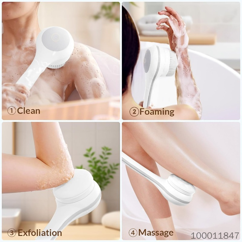 Back Scrubber, Electric Body Scrubber, Dry Brush, IPX7 Waterproof Body Brush Rechargeable USB Charging with Long Handle, Lotion Applicator for Back, Perfect Christmas Gift - Pearl White