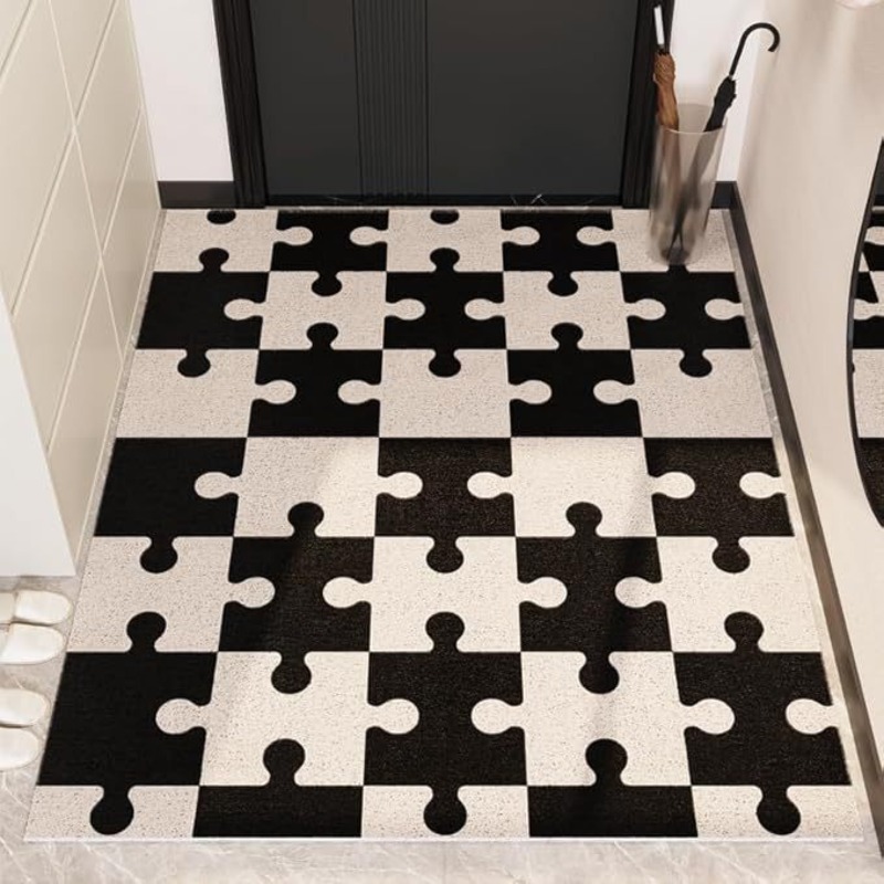 Oriental Minimalist Puzzle Doormat, Chinese Style Geometric Entrance Mat, Anti-slip Cuttable Silk Loop Floor Rug for Front Door