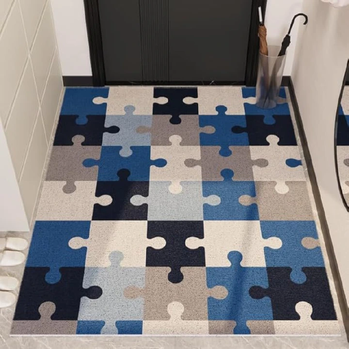 Oriental Minimalist Puzzle Doormat, Chinese Style Geometric Entrance Mat, Anti-slip Cuttable Silk Loop Floor Rug for Front Door