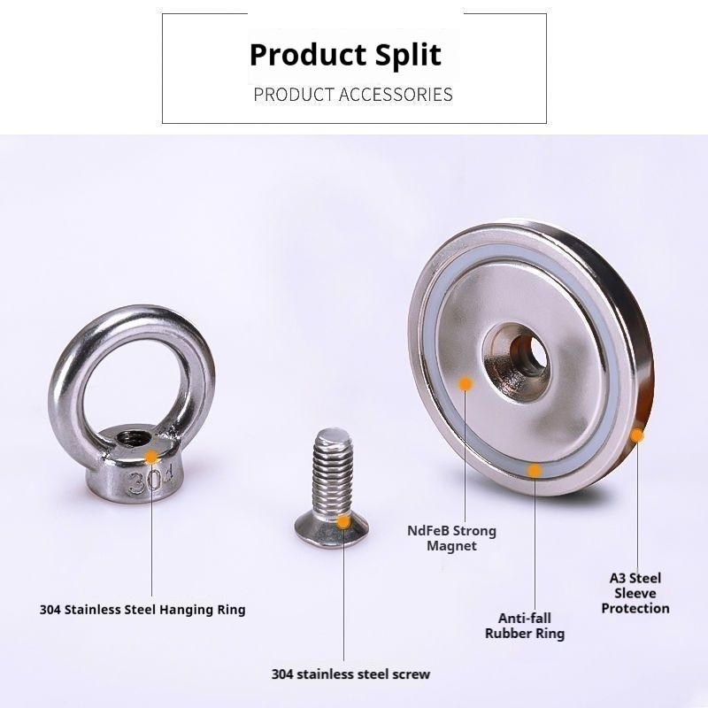Industrial grade neodymium iron boron strong salvage magnet belt with 304 stainless steel lifting ring, strong magnetic suction cup with a maximum suction of 600kg, underwater river treasure hunting a