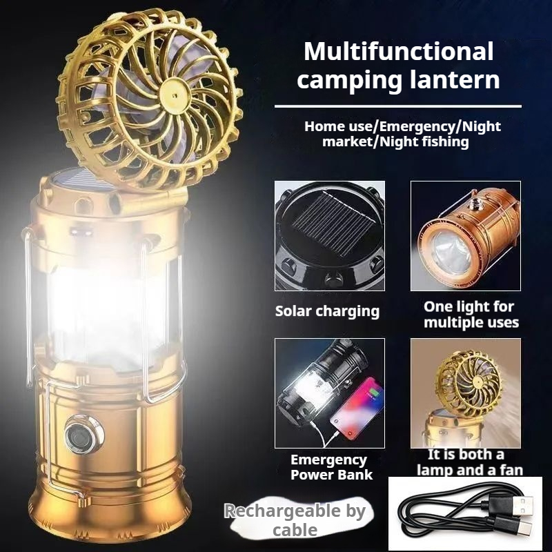 Multi functional five in one solar camping fan, emergency horse light, outdoor power outage, home use to set up stalls, tent lighting, portable camping, charging, hanging light