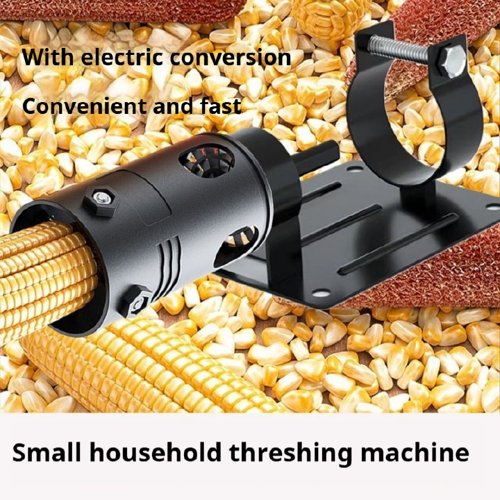 Handheld electric drill modified household small corn thresher for fast threshing of dry corn without damaging the grain. Farmer's labor-saving corn dehulling tool