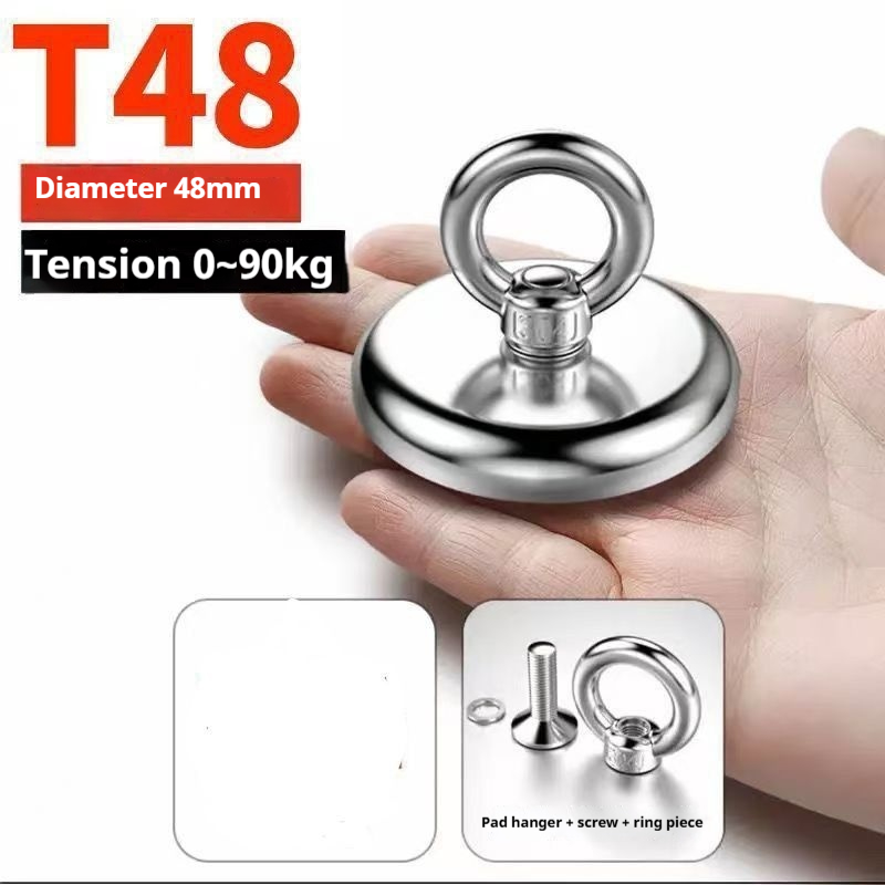 Industrial grade neodymium iron boron strong salvage magnet belt with 304 stainless steel lifting ring, strong magnetic suction cup with a maximum suction of 600kg, underwater river treasure hunting a