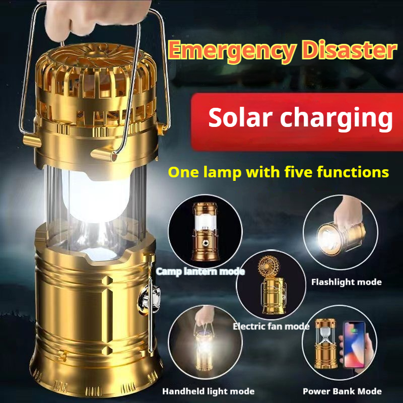 Multi functional five in one solar camping fan, emergency horse light, outdoor power outage, home use to set up stalls, tent lighting, portable camping, charging, hanging light