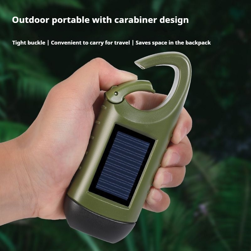 Solar powered hand cranked emergency flashlight outdoor six in one Type-C fast charging power bank climbing buckle portable three head strong light illumination flashlight