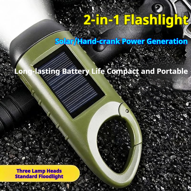 Solar powered hand cranked emergency flashlight outdoor six in one Type-C fast charging power bank climbing buckle portable three head strong light illumination flashlight