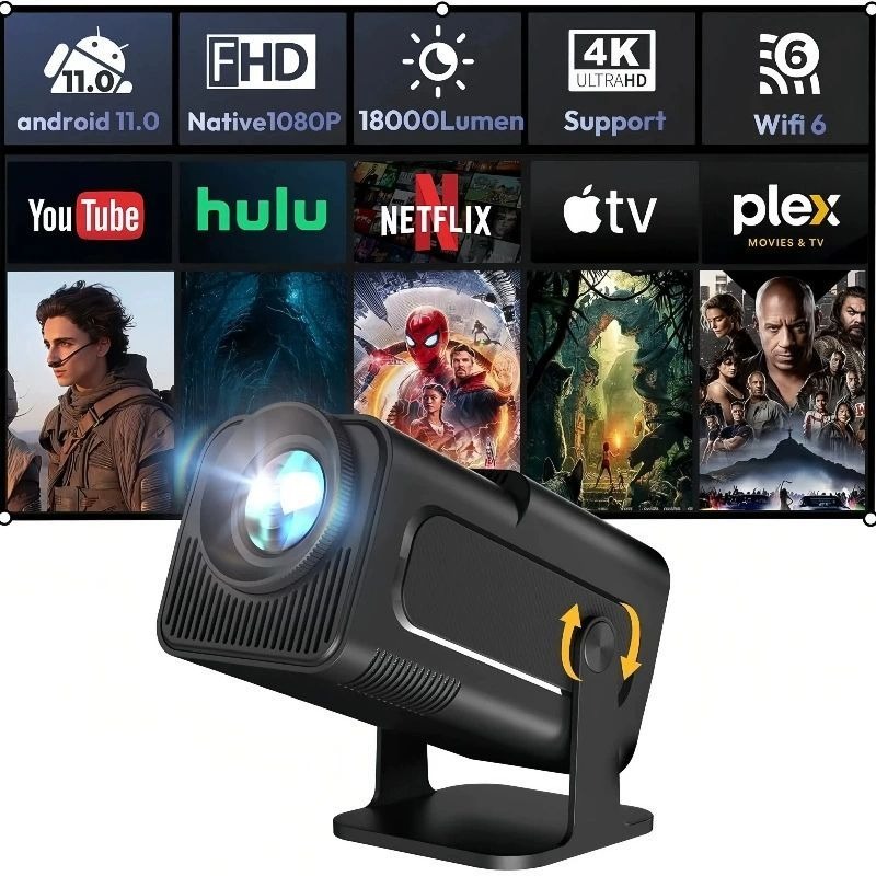 HY320Mini Smart Portable Projector 720P Android 4K Wi Fi 6 Automatic Keystone Correction 180 ° Rotating Home HD Projector