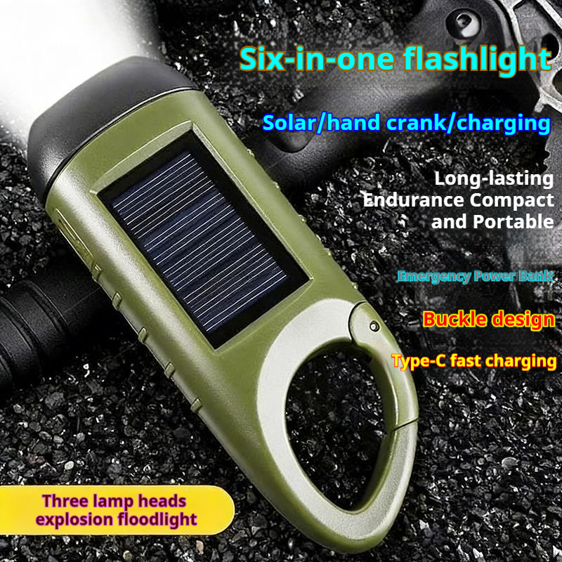 Solar powered hand cranked emergency flashlight outdoor six in one Type-C fast charging power bank climbing buckle portable three head strong light illumination flashlight