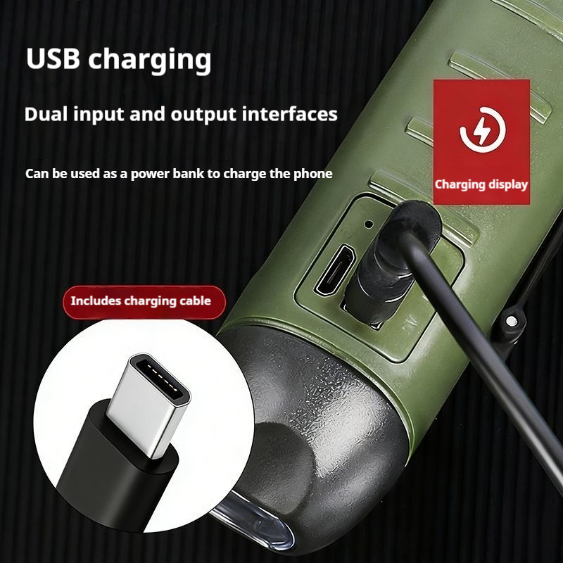 Solar powered hand cranked emergency flashlight outdoor six in one Type-C fast charging power bank climbing buckle portable three head strong light illumination flashlight