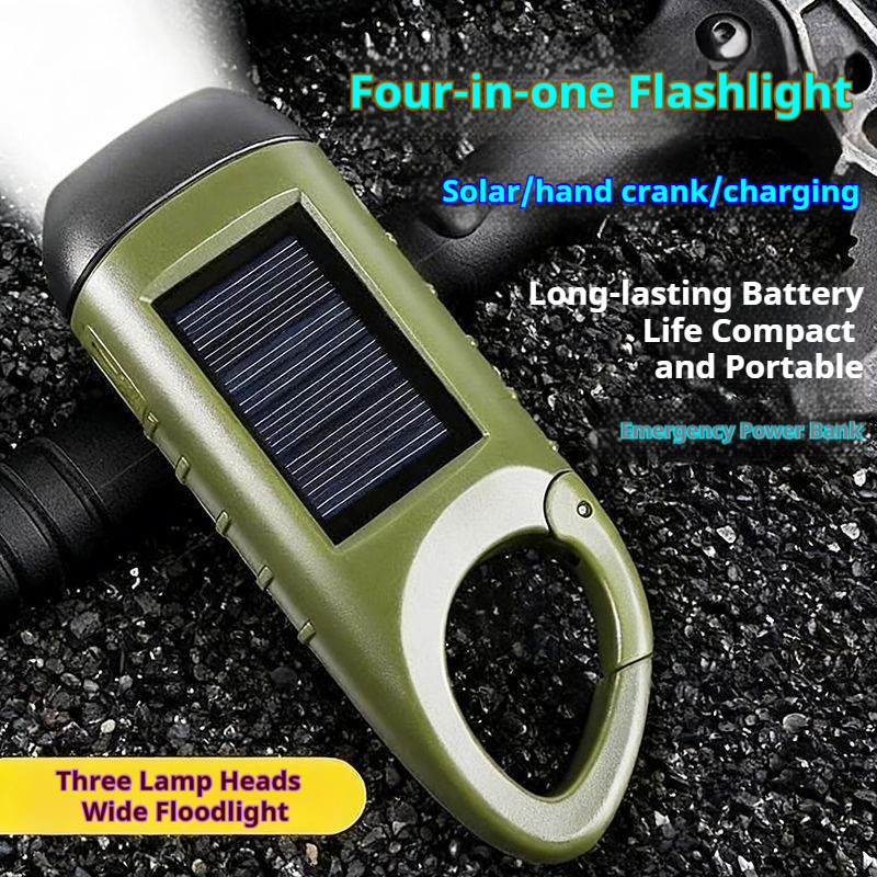 Solar powered hand cranked emergency flashlight outdoor six in one Type-C fast charging power bank climbing buckle portable three head strong light illumination flashlight