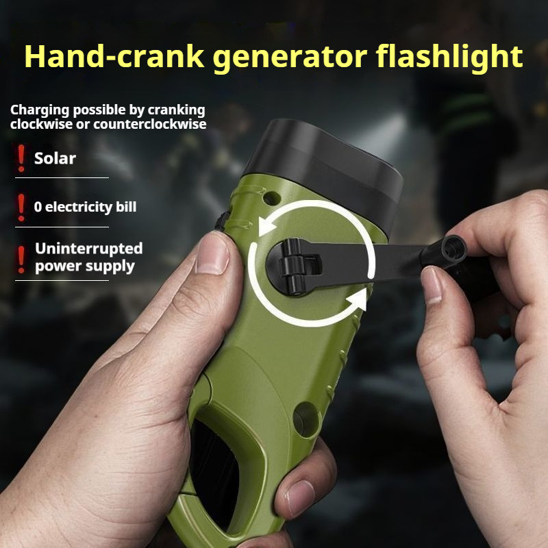 Solar powered hand cranked emergency flashlight outdoor six in one Type-C fast charging power bank climbing buckle portable three head strong light illumination flashlight