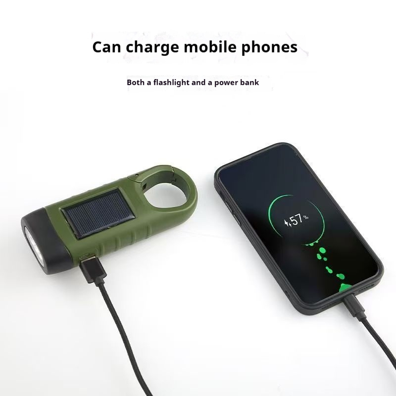 Solar powered hand cranked emergency flashlight outdoor six in one Type-C fast charging power bank climbing buckle portable three head strong light illumination flashlight