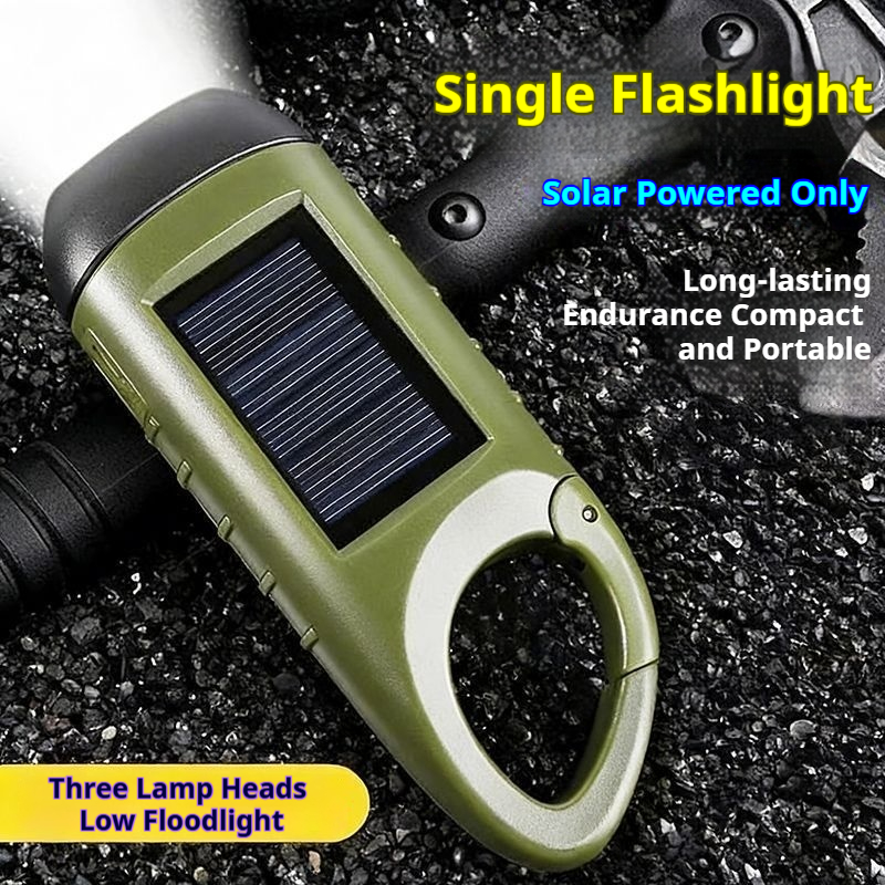Solar powered hand cranked emergency flashlight outdoor six in one Type-C fast charging power bank climbing buckle portable three head strong light illumination flashlight