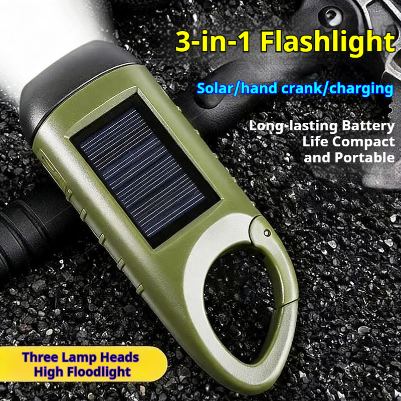 Solar powered hand cranked emergency flashlight outdoor six in one Type-C fast charging power bank climbing buckle portable three head strong light illumination flashlight