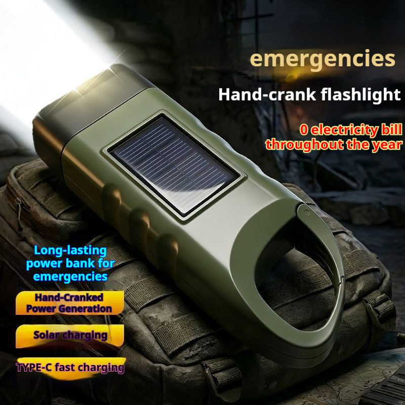 Solar powered hand cranked emergency flashlight outdoor six in one Type-C fast charging power bank climbing buckle portable three head strong light illumination flashlight