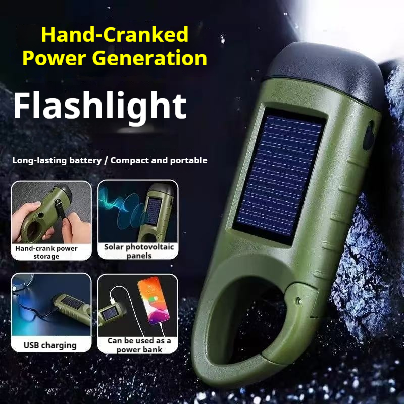 Solar powered hand cranked emergency flashlight outdoor six in one Type-C fast charging power bank climbing buckle portable three head strong light illumination flashlight
