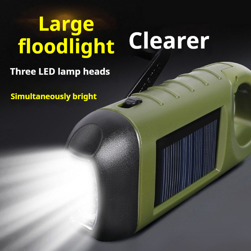 Solar powered hand cranked emergency flashlight outdoor six in one Type-C fast charging power bank climbing buckle portable three head strong light illumination flashlight