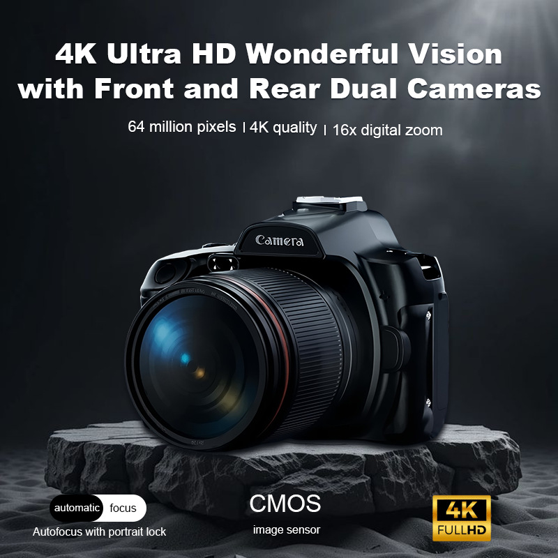 4K high-definition 64 megapixel WiFi digital camera with front and rear dual cameras, IR-CUT night vision interchangeable lens, anti shake vlog mirrorless camera