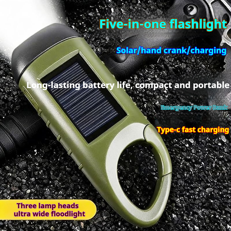 Solar powered hand cranked emergency flashlight outdoor six in one Type-C fast charging power bank climbing buckle portable three head strong light illumination flashlight