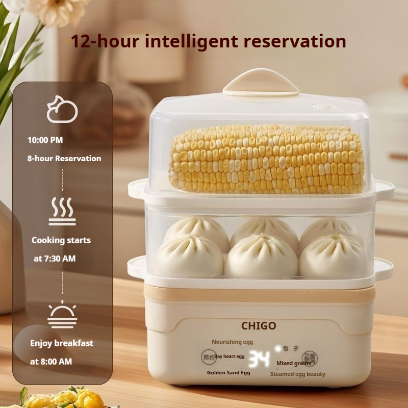 Multi functional intelligent reservation egg cooker, double-layer large capacity household steamer, breakfast bun, corn, and complementary food machine, multi-purpose magical tool