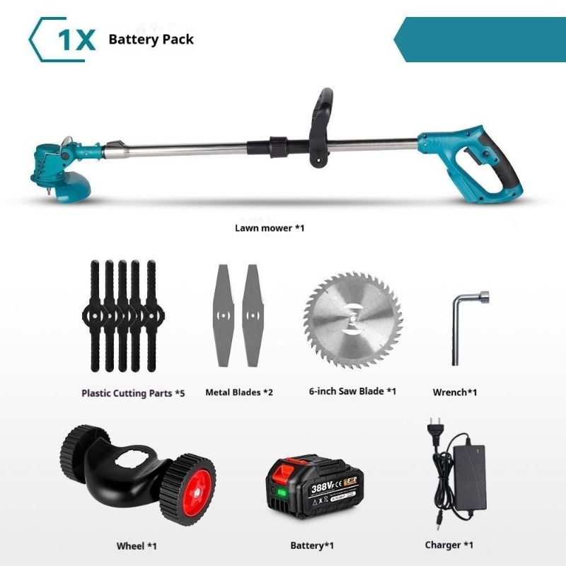 Lithium ion lawn mower, small household multifunctional folding courtyard handheld electric weeding machine with auxiliary wheels, multi blade lawn trimmer, multiple package options available