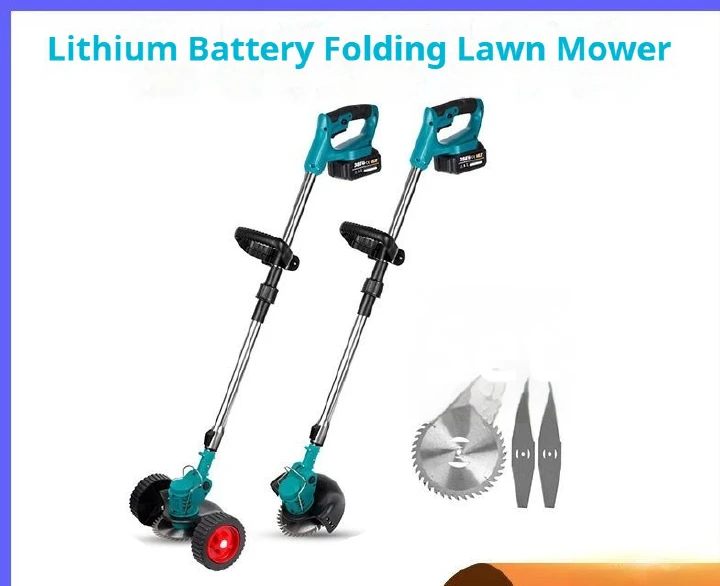 Lithium ion lawn mower, small household multifunctional folding courtyard handheld electric weeding machine with auxiliary wheels, multi blade lawn trimmer, multiple package options available