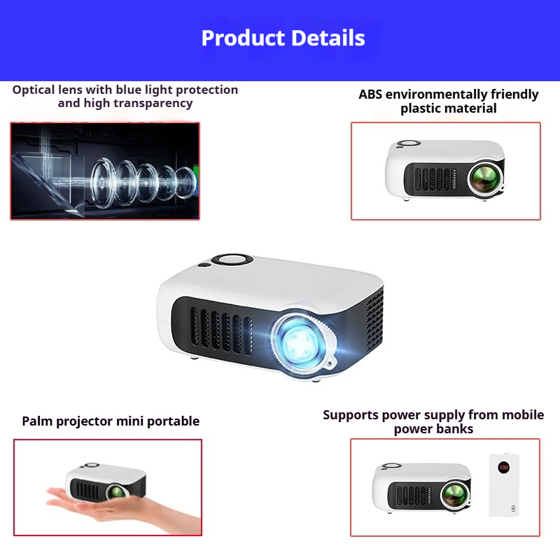 Mini portable mobile projector for home use, high-definition support, 1080p power bank, battery life, mini projector