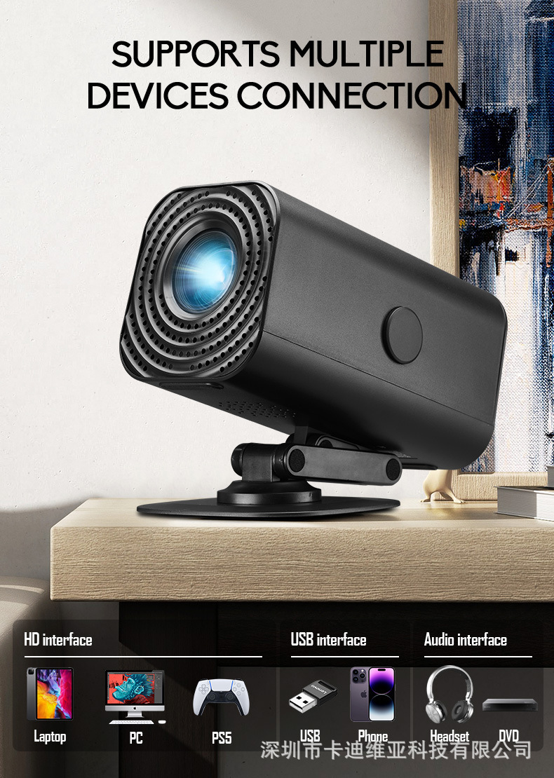 New Portable Mini Wireless WIFI Same Screen Mobile Phone Portable Mini Home HD Projector Adjustable Rotating Stand Low Noise Bedroom Wall Projection Projector