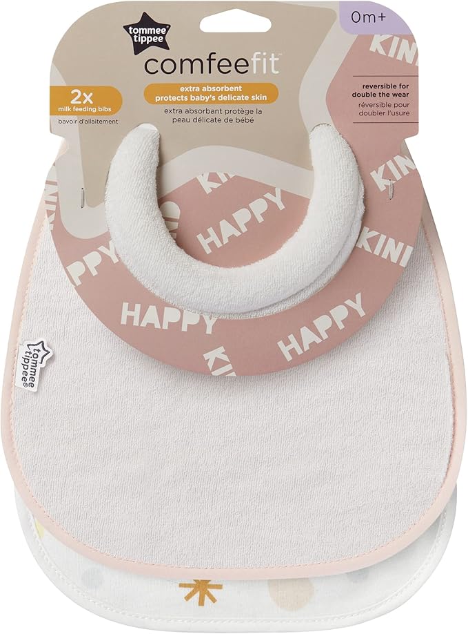 Tommee Tippee Milk Feeding Bibs, Comfeefit, Super Soft and Extra Absorbent, Adjustable and Reversible, OEXO-TEX Approved Material, Pack of 2, Colours and Designs Vary