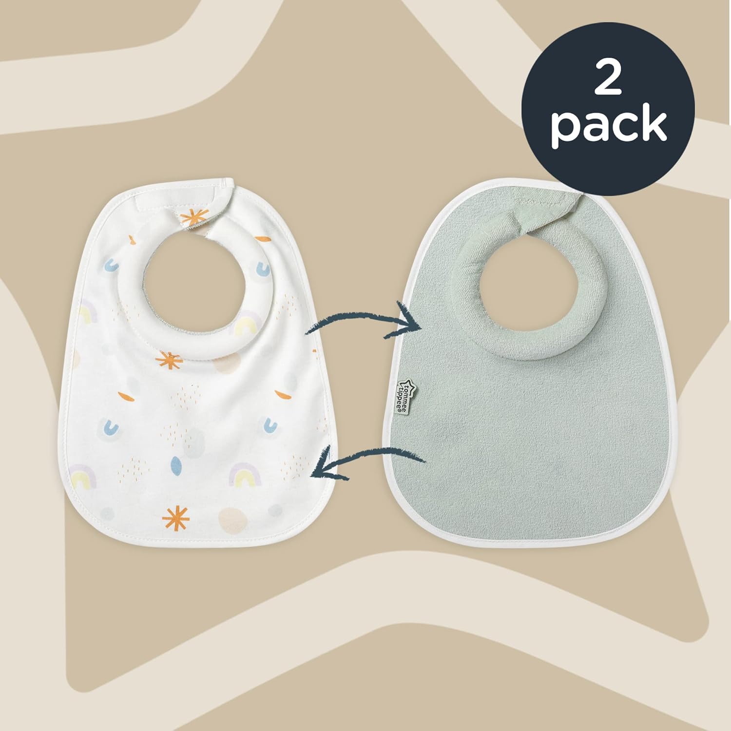 Tommee Tippee Milk Feeding Bibs, Comfeefit, Super Soft and Extra Absorbent, Adjustable and Reversible, OEXO-TEX Approved Material, Pack of 2, Colours and Designs Vary