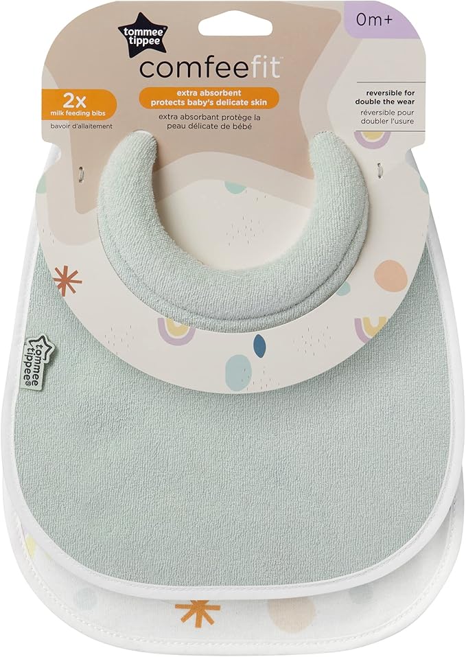 Tommee Tippee Milk Feeding Bibs, Comfeefit, Super Soft and Extra Absorbent, Adjustable and Reversible, OEXO-TEX Approved Material, Pack of 2, Colours and Designs Vary