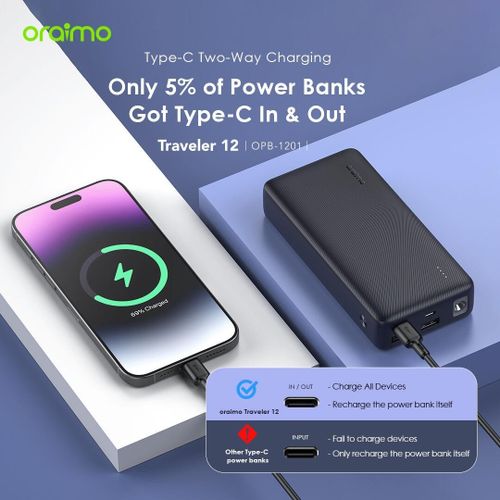 Oraimo Traveller Power Bank 30000mAh 27000mAh 20000mAh 10000mAh 12W Smart Fast Charging Slim Portable Power Bank type C Charging universal Compatibility Powerbank with overcharge protection