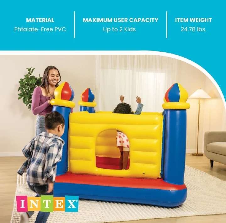 Intex Jump-O-Lene Inflatable Bouncy Castle – Kids Jumping Playhouse with Blue, Yellow & Red Design for Indoor & Outdoor Fun