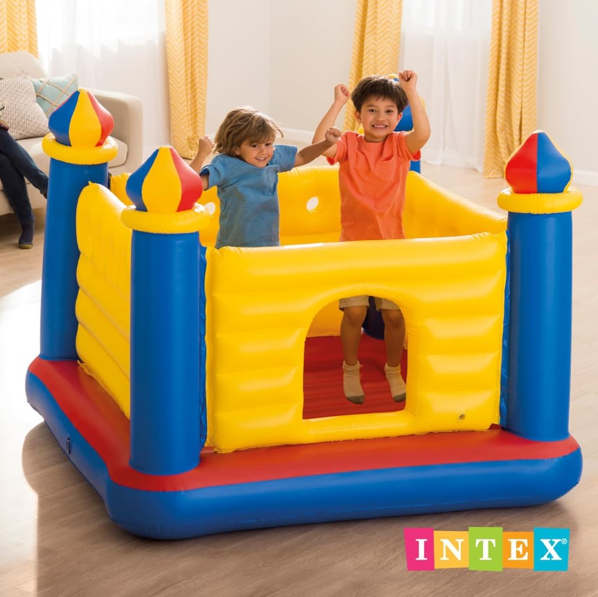Intex Jump-O-Lene Inflatable Bouncy Castle – Kids Jumping Playhouse with Blue, Yellow & Red Design for Indoor & Outdoor Fun