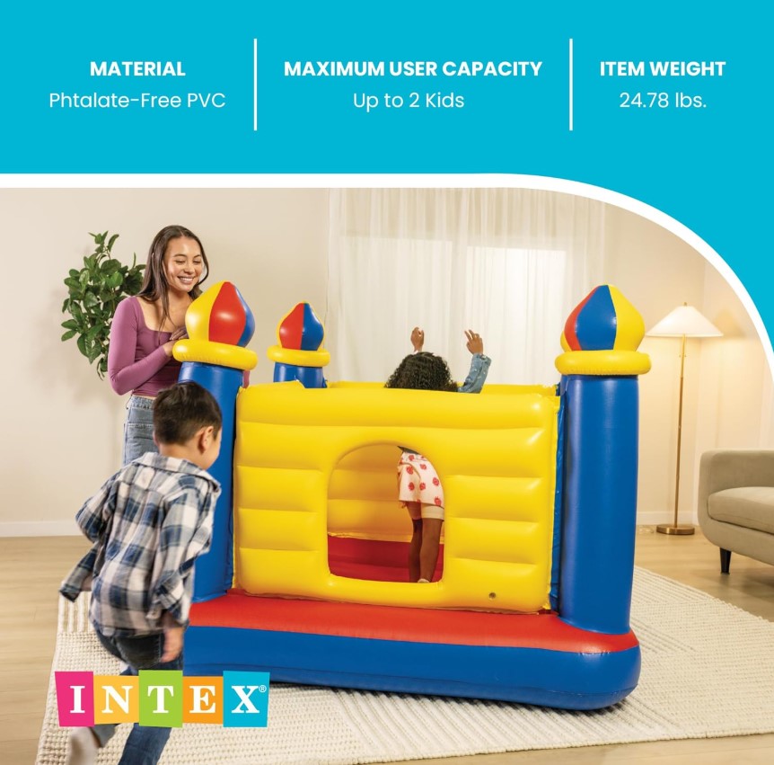 Intex Jump-O-Lene Inflatable Bouncy Castle – Kids Jumping Playhouse with Blue, Yellow & Red Design for Indoor & Outdoor Fun