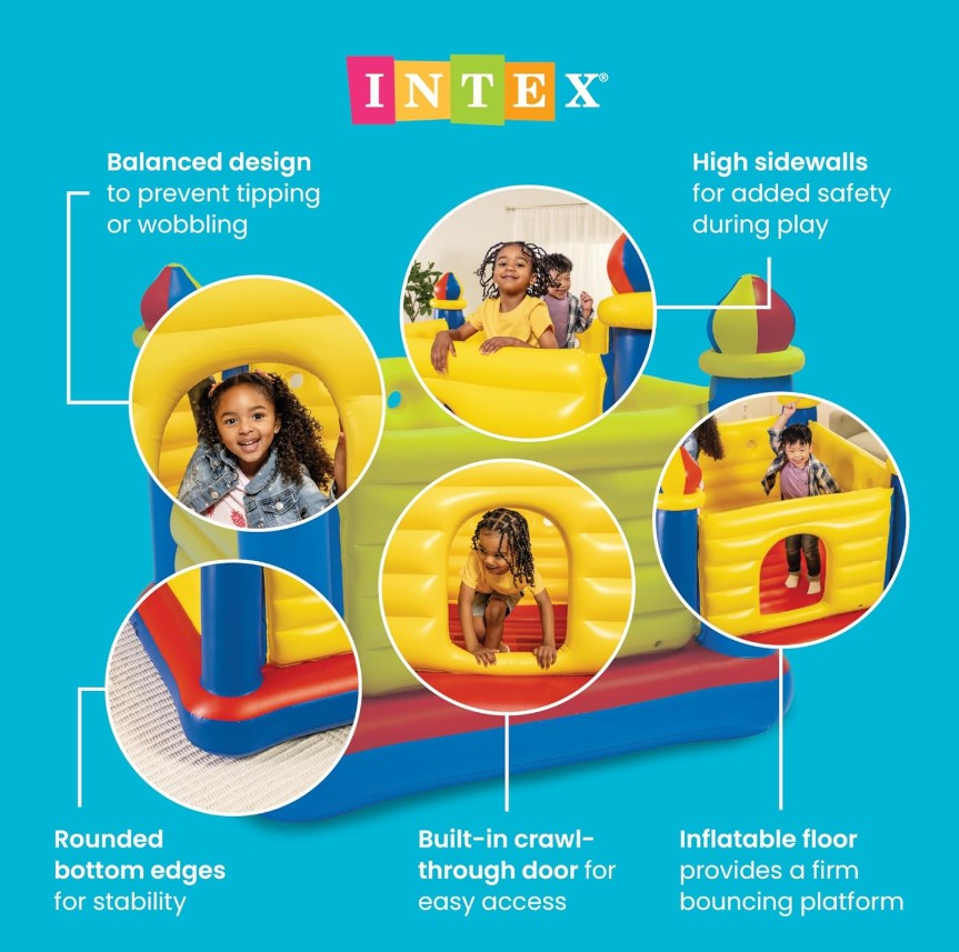 Intex Jump-O-Lene Inflatable Bouncy Castle – Kids Jumping Playhouse with Blue, Yellow & Red Design for Indoor & Outdoor Fun