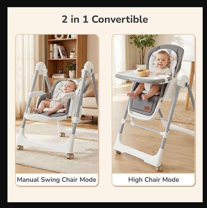 Manual Swing High Chair 2-in-1 Baby Feeding Chair & Rocking Swing – Adjustable Recline, Foldable Design with Removable Tray, Safety Harness & Padded Seat for Infants – Comfortable Feeding & Soothing C