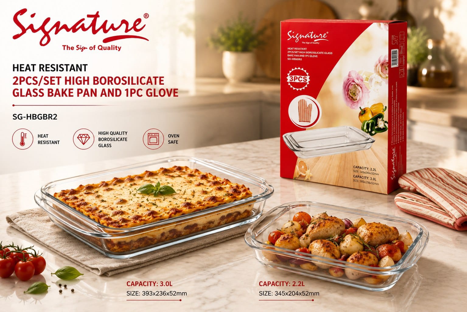 2 Pcs Rectangular Glass Bake Pan Set (SG-HBGBR-2) – 2200ml & 3000ml Heat Resistant Borosilicate Glass Casserole Dishes, Heavy Duty Oven, Microwave, Freezer, and Dishwasher Safe Ovenware Roasting Trays