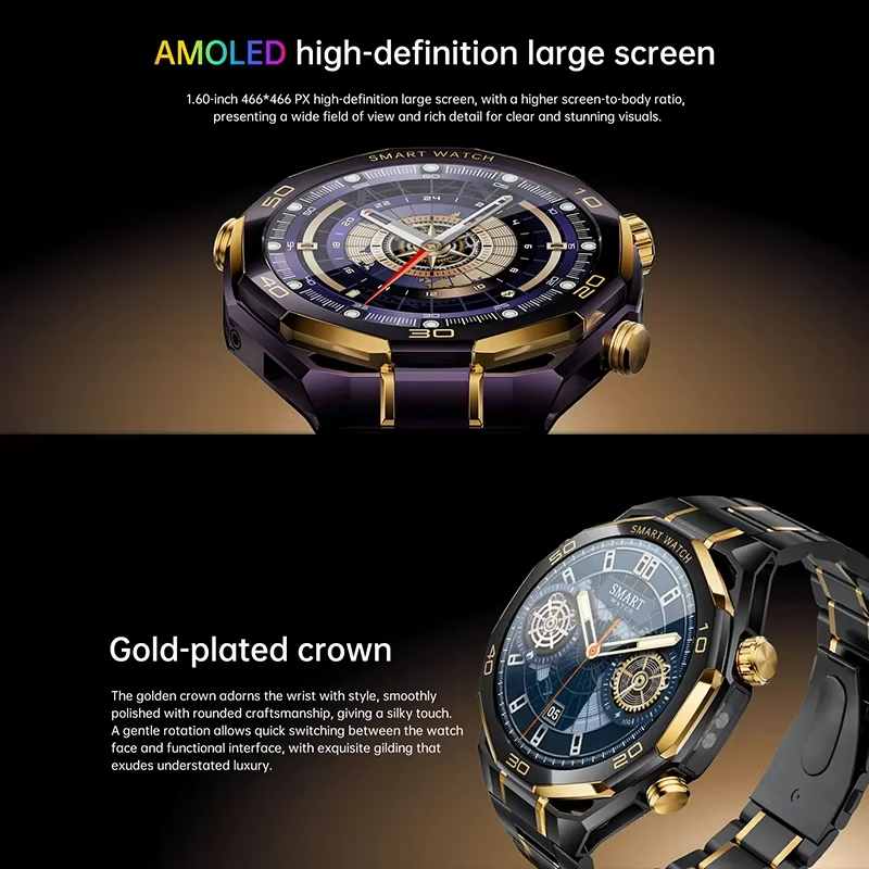 Men Smart Watch 1.53 Amoled LED Flashlight Outdoor Sport Tracker Health Monitoring Bluetooth Call AI Voice IP68 Smartwatch Supports dynamic clock faces, 3D menus, Chat GPT/Alipay