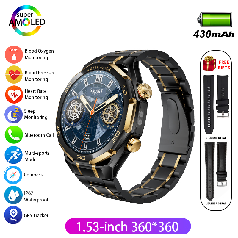 Men Smart Watch 1.53 Amoled LED Flashlight Outdoor Sport Tracker Health Monitoring Bluetooth Call AI Voice IP68 Smartwatch Supports dynamic clock faces, 3D menus, Chat GPT/Alipay
