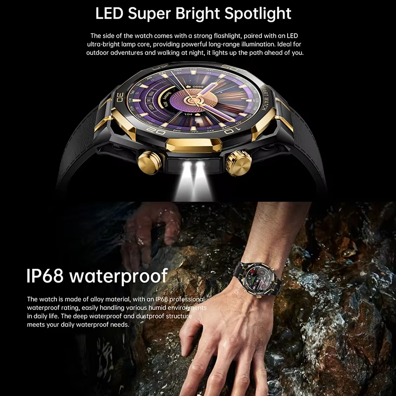 Men Smart Watch 1.53 Amoled LED Flashlight Outdoor Sport Tracker Health Monitoring Bluetooth Call AI Voice IP68 Smartwatch Supports dynamic clock faces, 3D menus, Chat GPT/Alipay