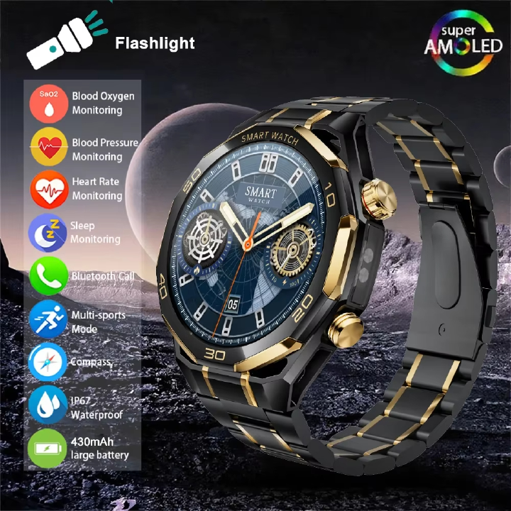 Men Smart Watch 1.53 Amoled LED Flashlight Outdoor Sport Tracker Health Monitoring Bluetooth Call AI Voice IP68 Smartwatch Supports dynamic clock faces, 3D menus, Chat GPT/Alipay
